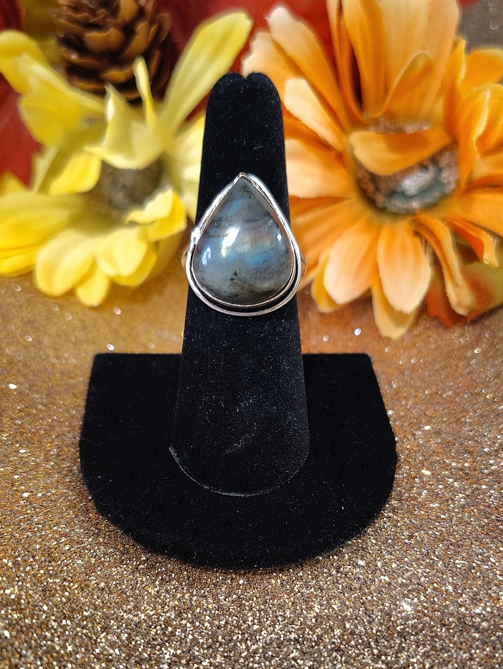 Laboradorite Teardrop 925 Silver Gemstone Ring - Size 7 3/4